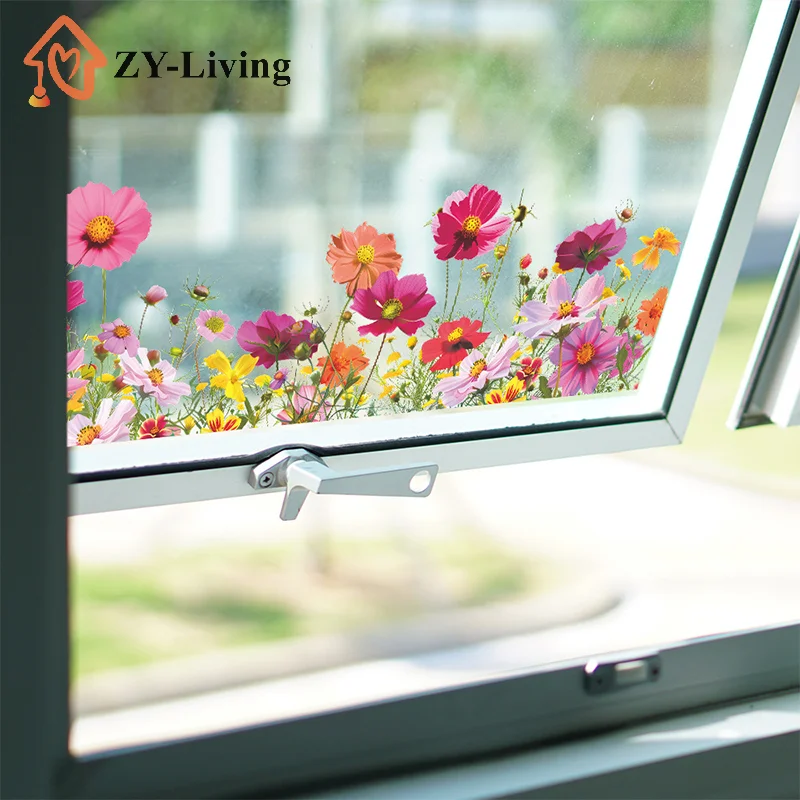 Beautiful Colorful Flowers Wall Stickers Glass Windows Decor Mural Room Window Home Decoration Self-adhesive Decals