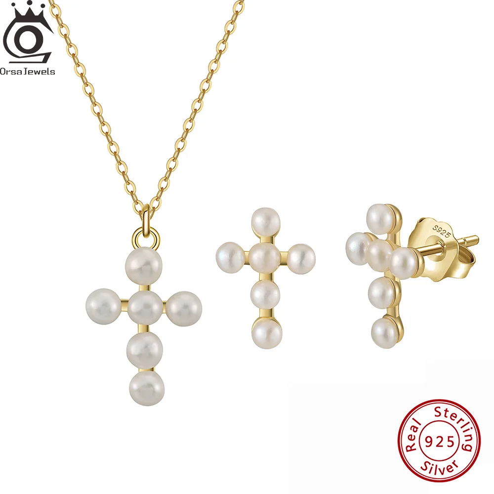 

ORSA JEWELS New Natural Pearl Stud Earrings Necklace 925 Sterling Silver Real Pearls Beads Cross Shaped Jewelry Set Gift GPN78