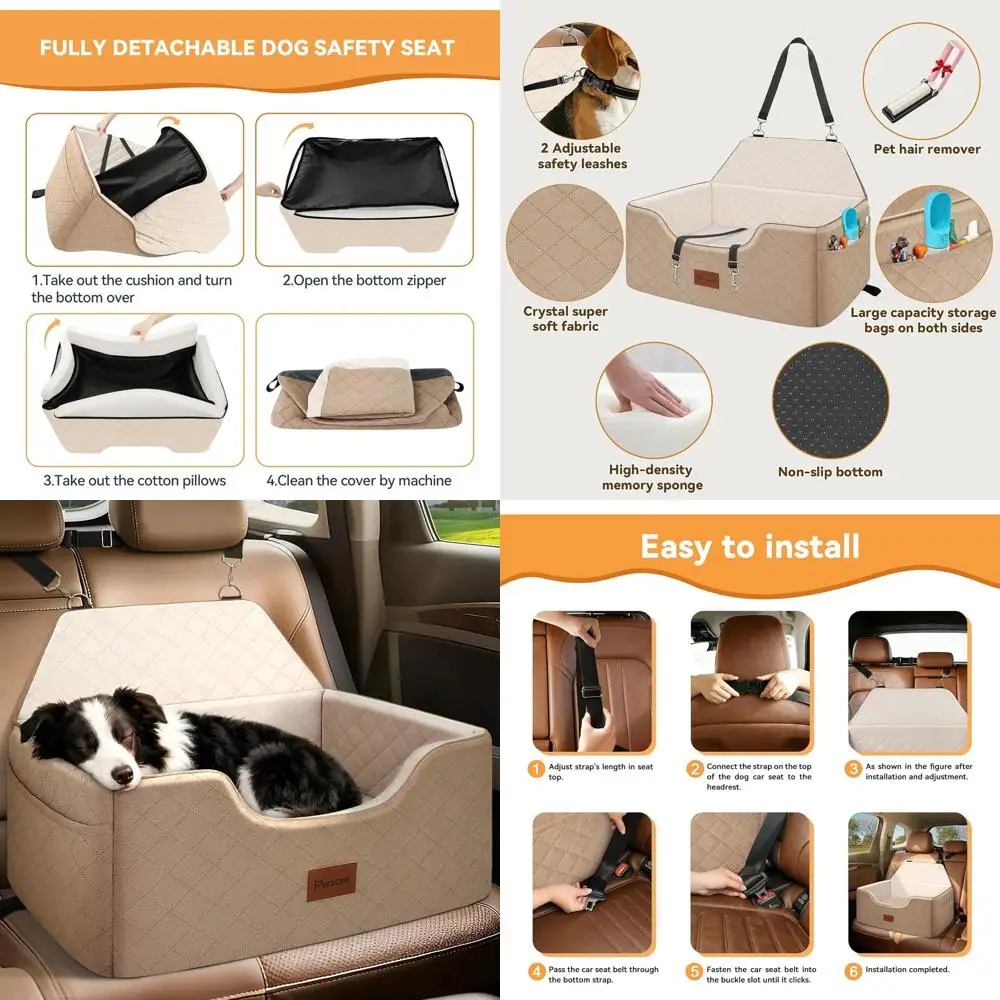 

Large-Medium Dog Car Seat, Washable Booster with Storage Pockets and Safety Belt, Pet Travel Bed (Coffee)
