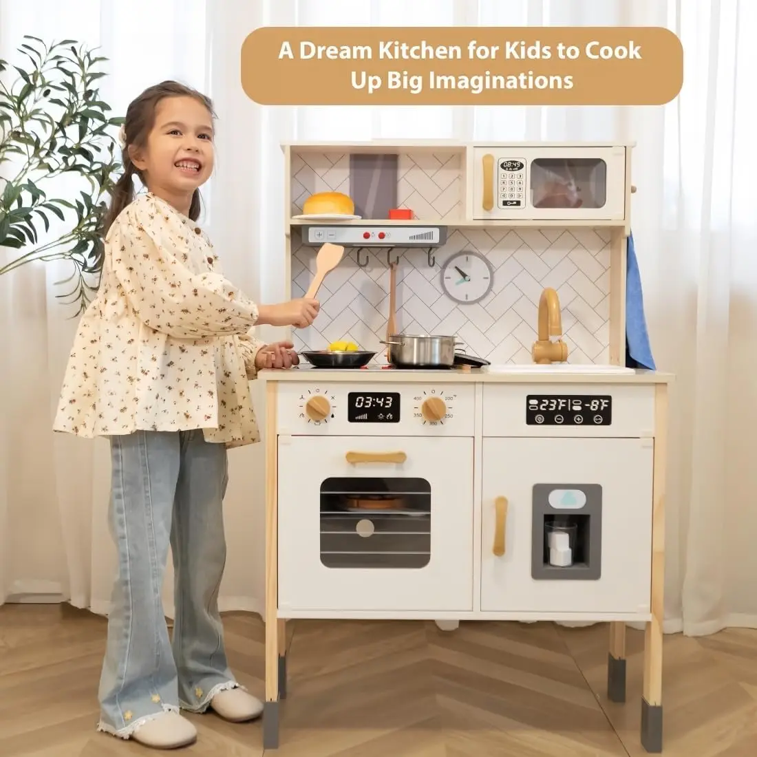 Ensemble de jeu de cuisine en bois pour enfants, cuisinière réaliste, hotte de cuisine, four, machine à glaçons, micro-ondes, évier, lumière & S