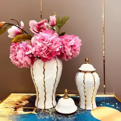 Ceramic General Jar Electroplated Gold Plaid Artwork Storage Jar Home Decor Hotel Display Vase Dry Dried Flowe Vase With lid