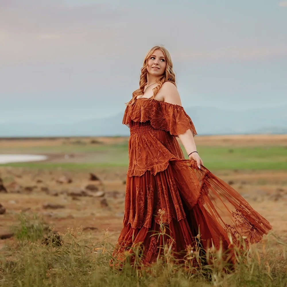 

Pregnant Women Photography Dress Off Shoulder Embroidered Mesh Dress Photo Shoot Dress For Women Boho Pregnant Dress