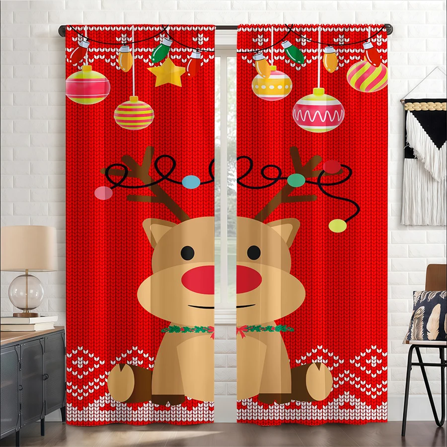 2PCS Christmas Winter Curtains, Knitted Red Nose Reindeer Ornament, Digital Print, Bedroom Living Room, Home Decor Window Drapes
