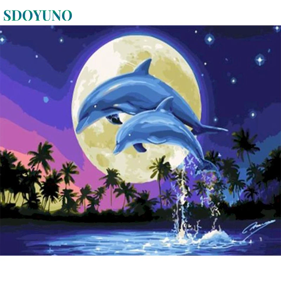 

SDOYUNO Frameless Oil Painting By Numbers Dolphins For Adults DIY Kit Paint By Numbers On Canvas Coloring Numbers Home Decor