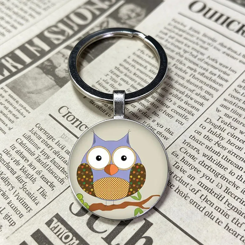 New Glass Convex Round Owl Key Chain Lovely Cartoon Animal Pendant Bag Holder Key Rings