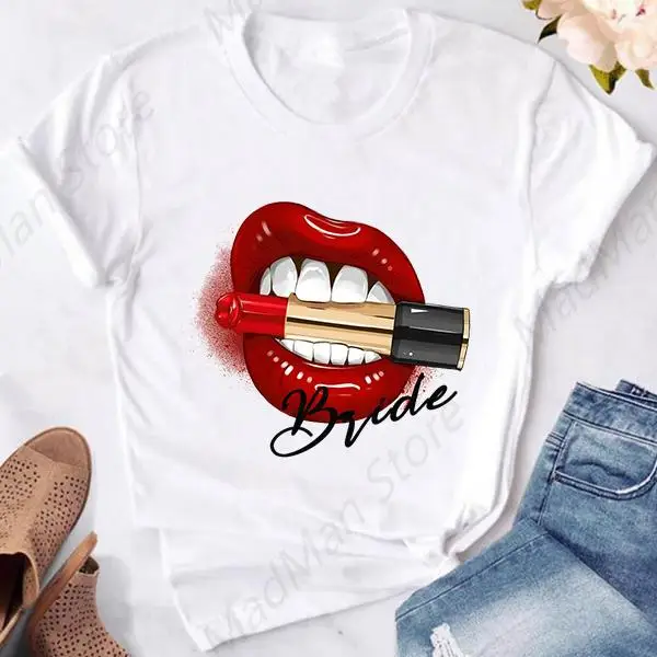 Bachelorette Party Ladies Clothing Lipstick Lips Design Bride Team Tee Shirts Bridesmaid T Shirt Summer Tee Women T-shirt Female