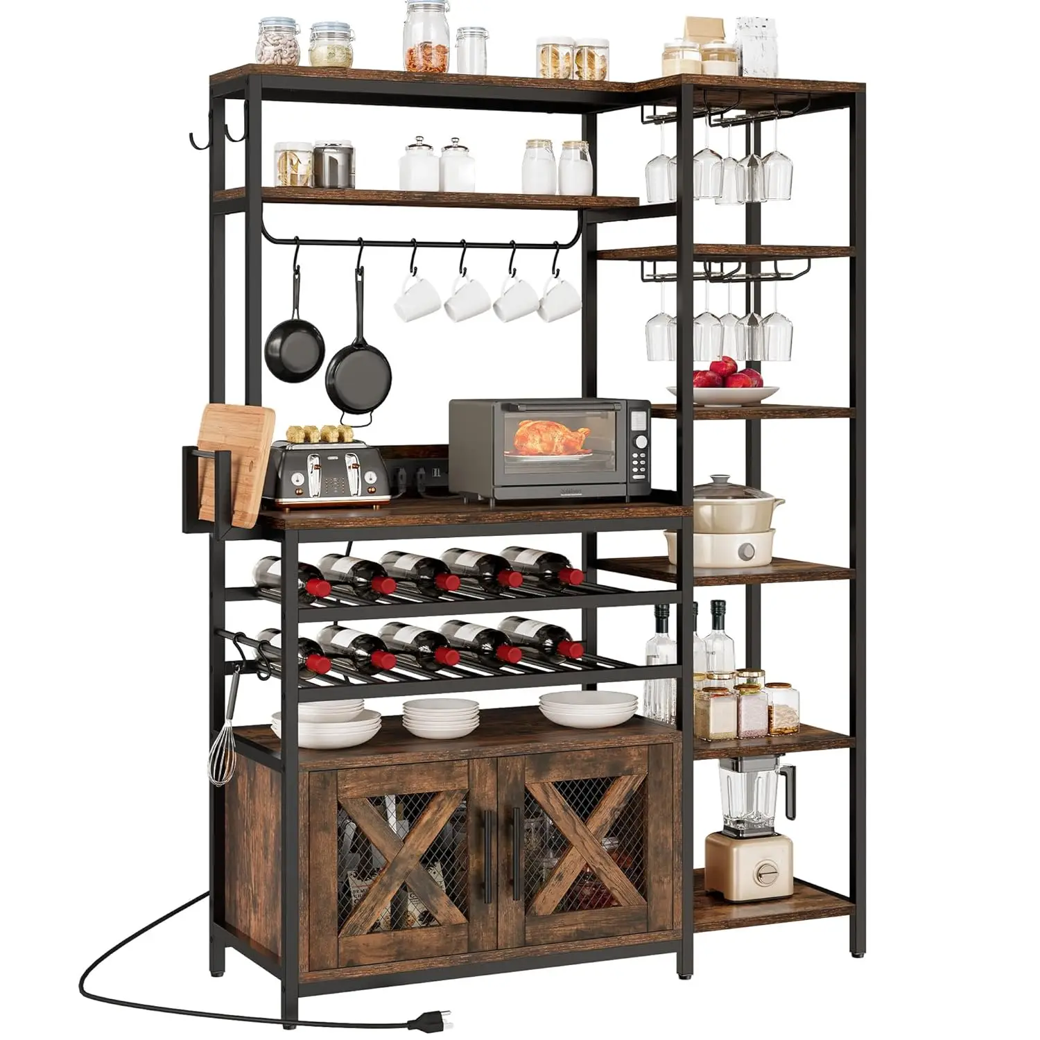 

Baker Rack with Power Outlet, Microwave Stand W/Storage, 6-Tier Industrial Coffee Bar Cabinet W/Hook, Wine Rack &, Customized
