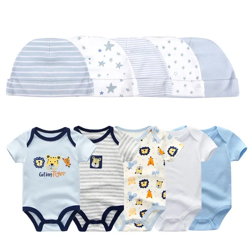 kiddiezoom 10Pcs Baby Clothes Set Short Sleeve Cartoon Printed Bodysuits & Beanies Soft Cotton Unisex Infant Outfit