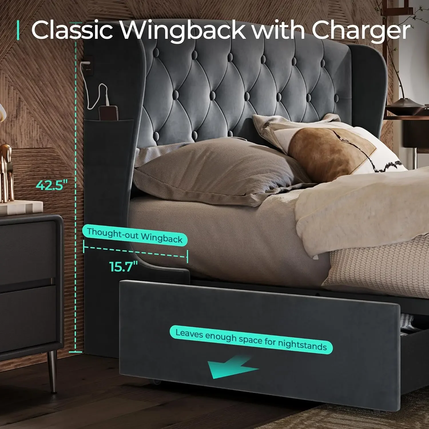 4 Drawers, Velvet Upholstered Platform Bed with Button Tufted Headboard & Wingback, LED Lights, Type-C Chargers