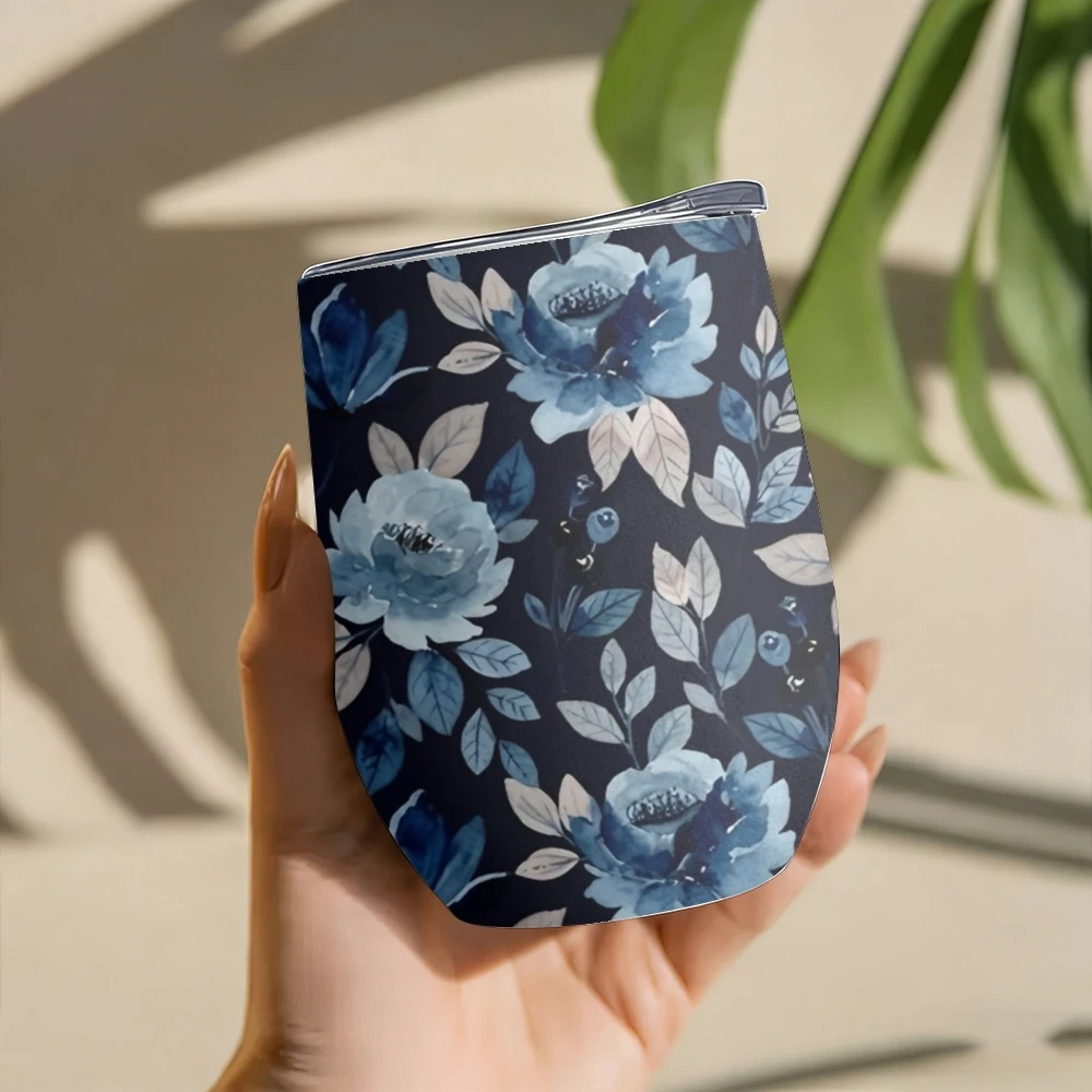 Black Background Flowers Vacuum Flasks 12oz Insulated with Lid Double Wall Vacuum Stainless Steel Cup Hot & Cold Drink Mug Gift