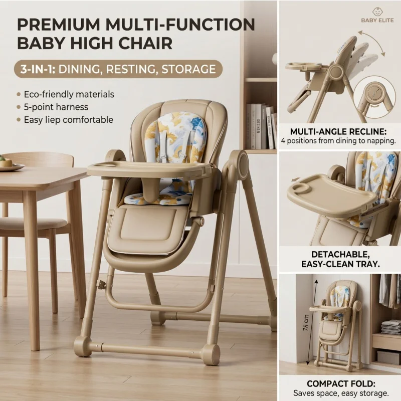 Multifunction Children Dining Chair Adjustable 2-in-1 Smooth Cardan Wheel Foldable Toddler Reclining Chair Highchair for Baby