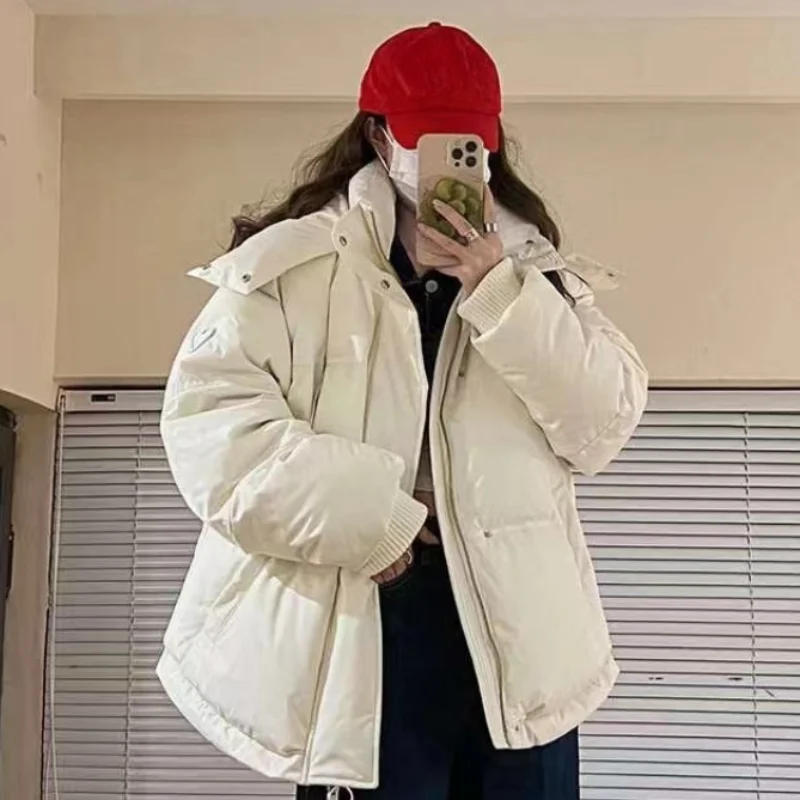 Women\'s Loose Hooded Puffer Coat, Thick Down Jacket, Warm Outerwear, Korean, Simple, Monochromatic, High Street, Winter