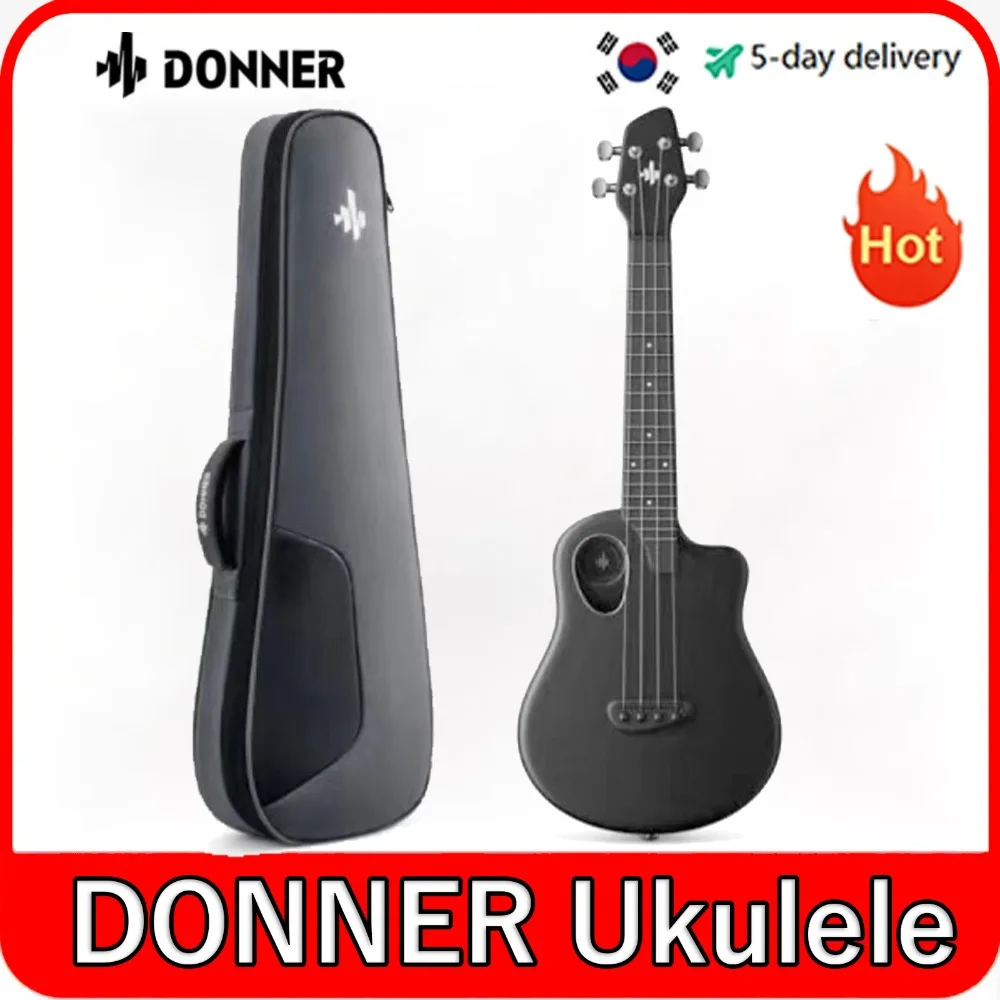 Donner Carbon Fiber Ukulele Rising-U 23 Inch Travel Ukelele Bundle Kit Black with Free Online Lesson Gig Bag Strap