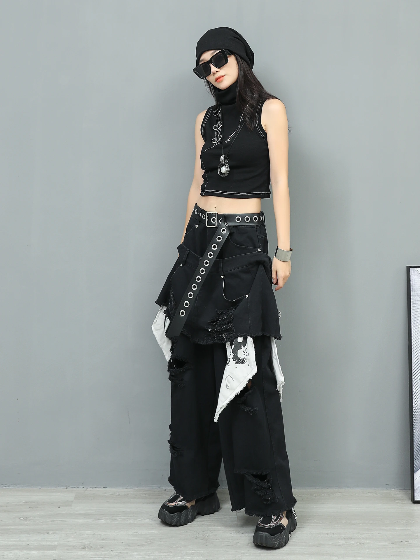 New Women's Autumn Loose Street Casual Jeans Personalized Fake Two-piece Spliced Ripped Edge Streetwear Denim Wide Leg Pants