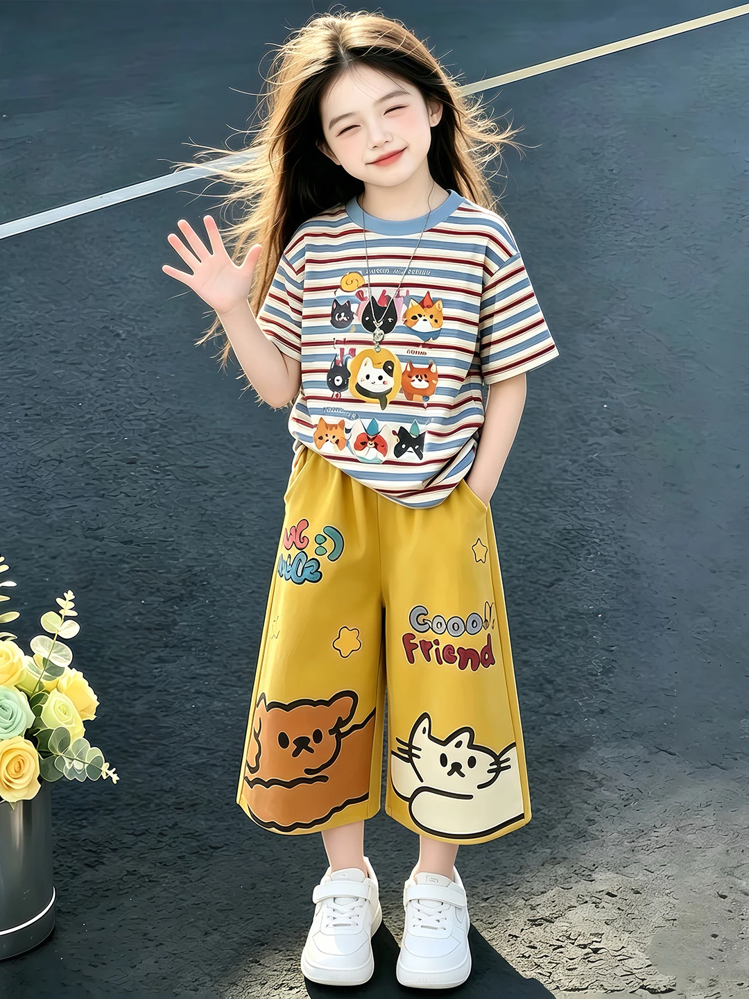 

Girls' Cartoon Cute Stripe Short Sleeve Wide Leg Pants Set Summer Trendy Casual Two Piece Set Breathable round Neck Spring Su...