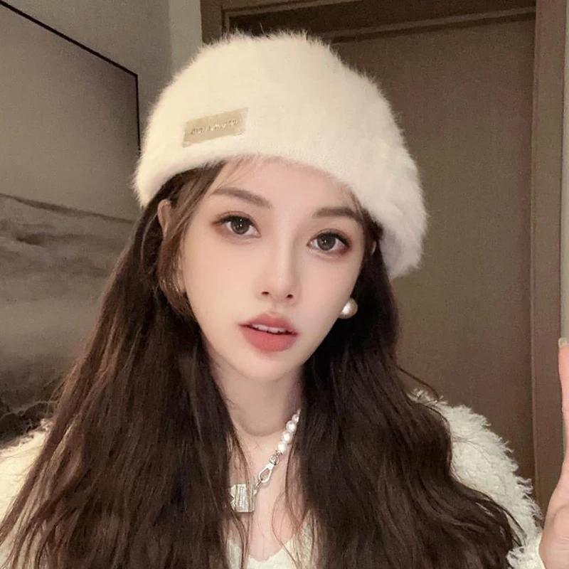 Winter Sweet Berets Women Solid Color Rabbit Fur Forward Hat Warm Versatile Reverse-Wearing Beret Cap Korean Elegant Painter Cap