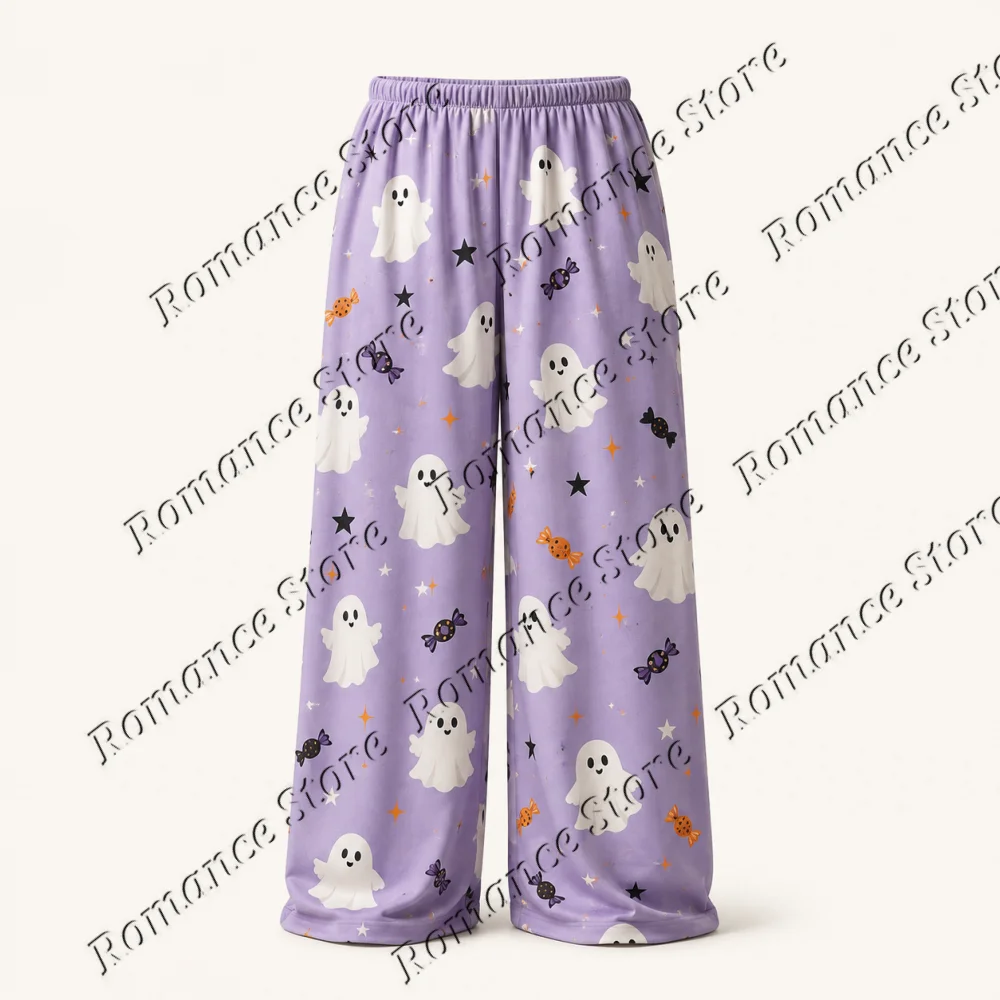 Black Halloween Retro Pumpkin Moon Star Women Wide Leg Pajama Pants Trousers Holiday Casual Milk Silk Wear Sleepwear Bottoms 3