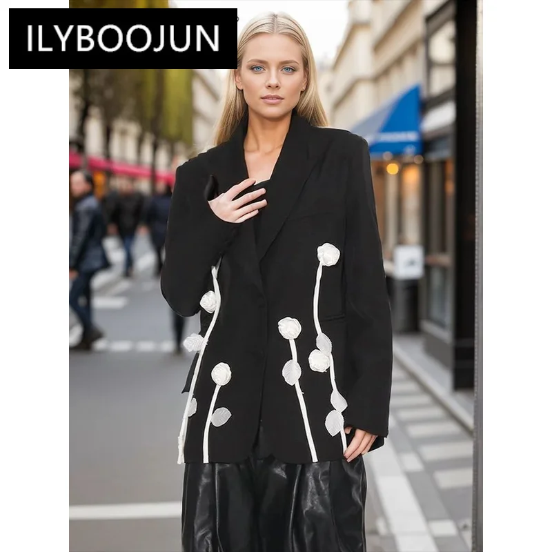 

ILYBOOJUN Designer Patchwork Appliques Blazer For Women Notched Collar Long Sleeve Spliced Button Chic Blazers Female Style