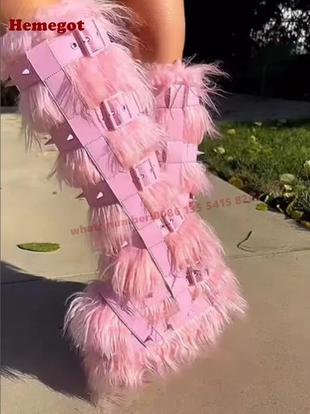 Pink Belt Buckle Y2K Boots Fluffy Round Toe Platform Thick Soled Knee High Boots Rivet Spicy Girls Fur Warm Winter Shoes 2026