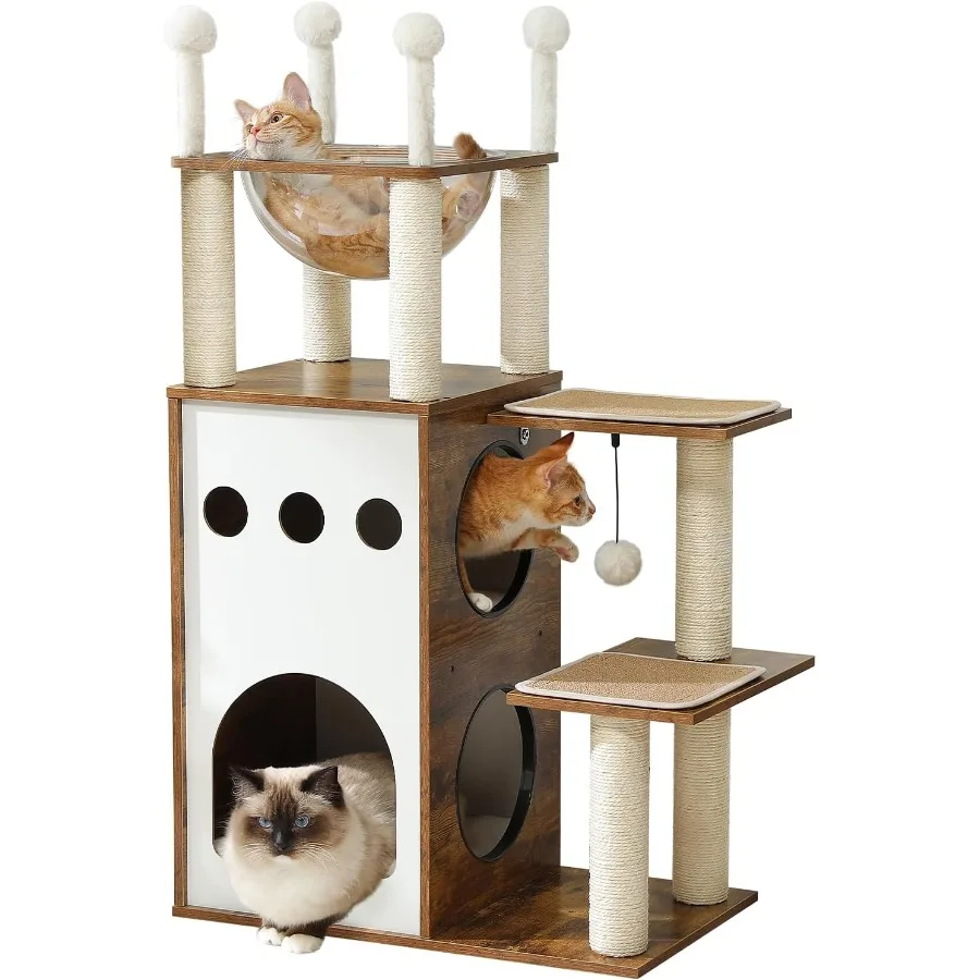 

42,5 Современное деревянное кошачье дерево с 2-этажными когтеточками для квартиры, висячие шарики в капсульном гнезде — идеальная мебель для дома для кошек i