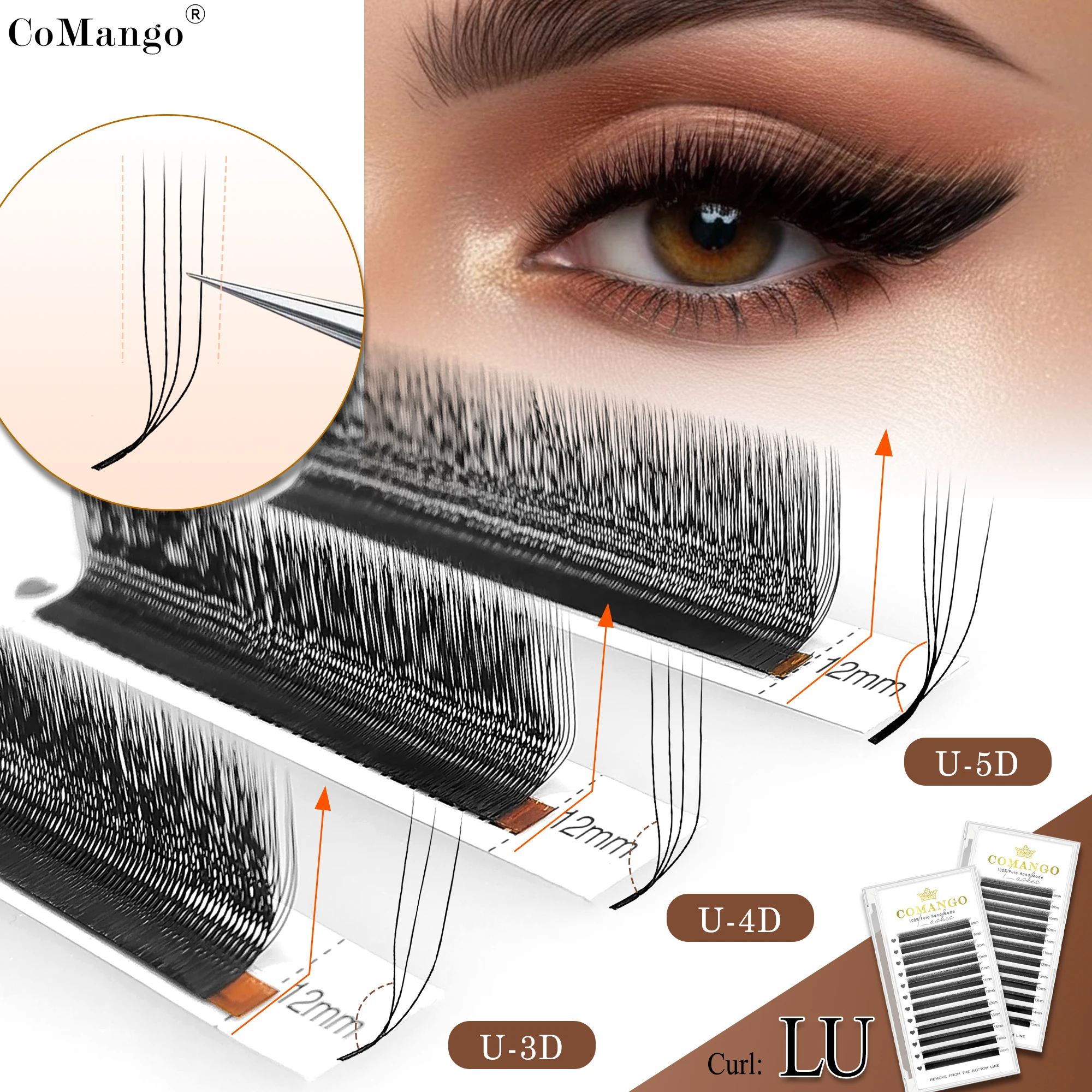 CoMango 3D 4D 5D U Shaped LU Curl Eyelash Extension Premium Soft False Eyelashes Premade Fan U Lashes Beauty Makeup