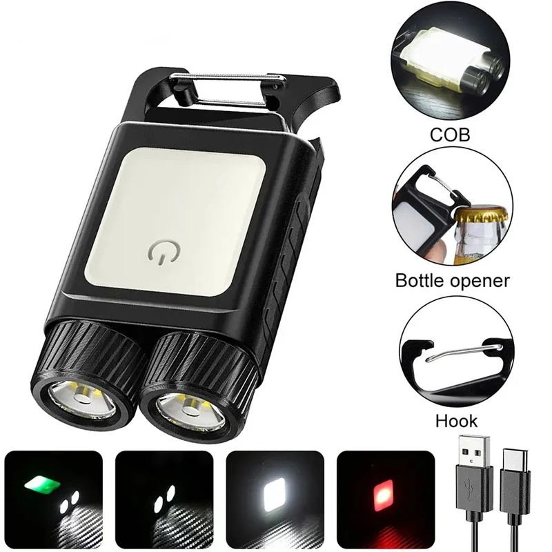 Portable COB Mini Keychain Light Type-C Rechargeable Work Light Outdoor Camping Hiking Light Bottle Opener Screw Flashlight