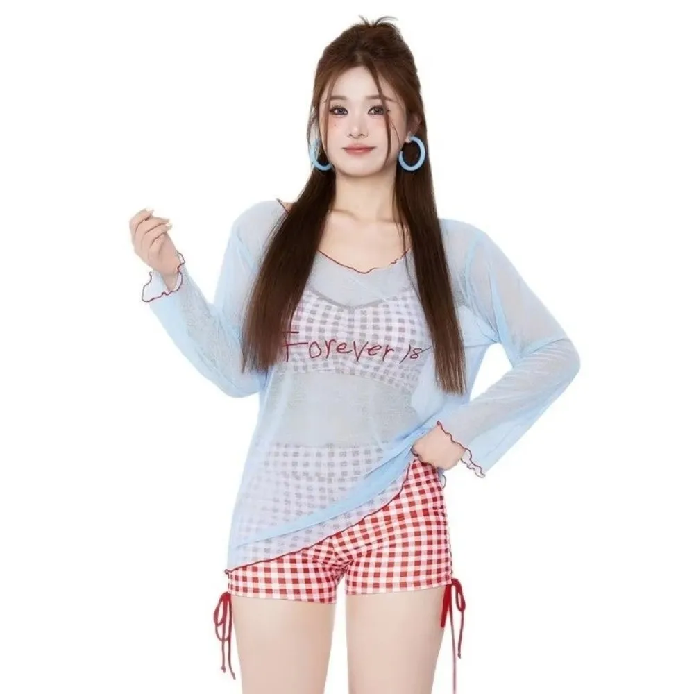 Bikini mujer manga larga, malla transparente y estampado guinga roja - imagen 5