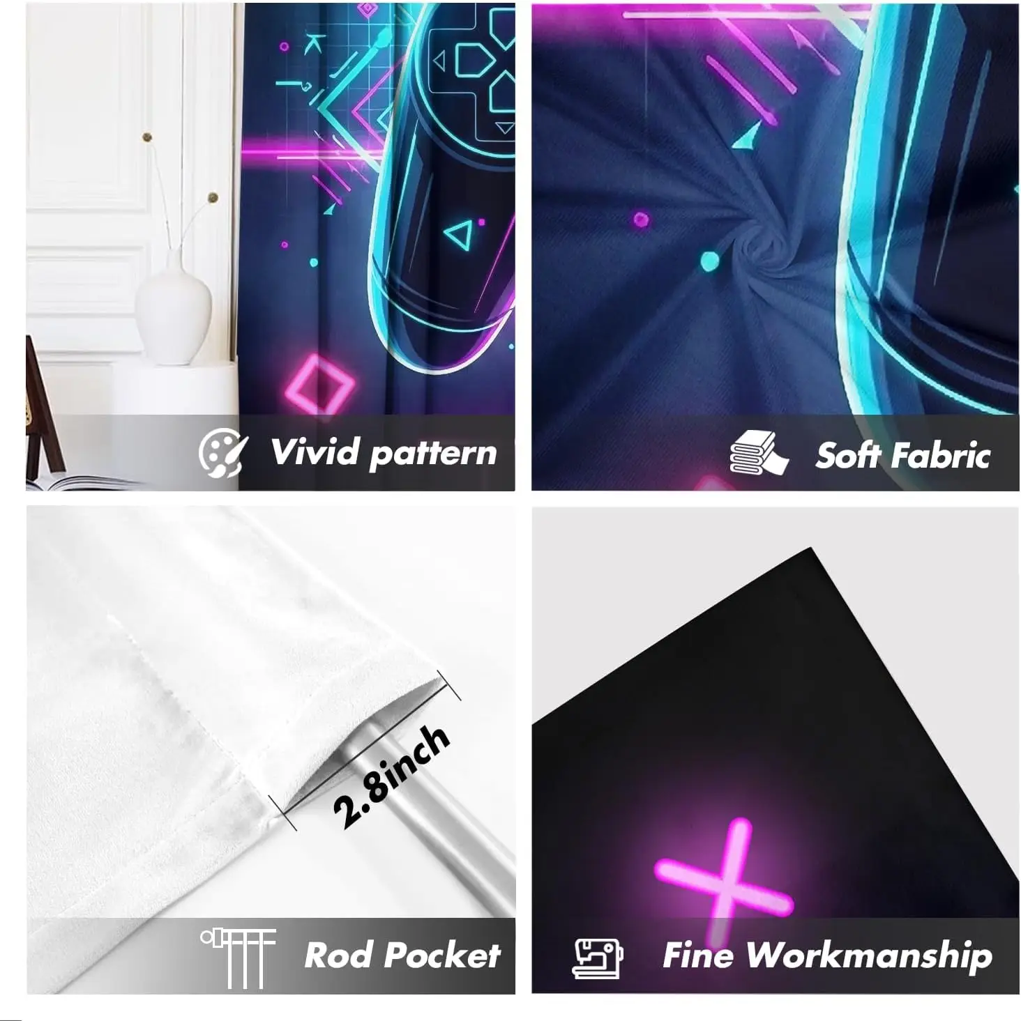 Vibrant Neon Gamepad Window Curtains 2 Panels Black Background Game Time Letter Light Blocking Drapes Cool Gaming Lounge Rest