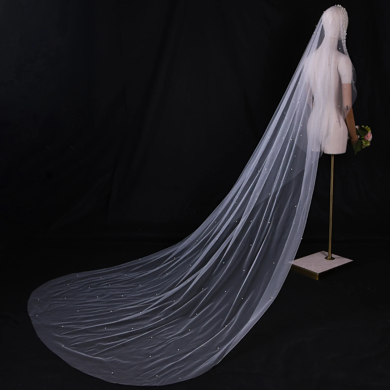 Voile de Mariage en Tulle Doux avec Perles pour Patients, Long, Cathédrale, Accessoire pour Mariée, V207