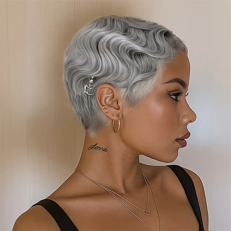 رمادي اللون باروكة من شعر طبيعي الطبقات عابث قطع شعر مستعار مع الانفجارات قصيرة غريب شعر بشري مجعد كامل آلة شعر مستعار للنساء مريحة #2