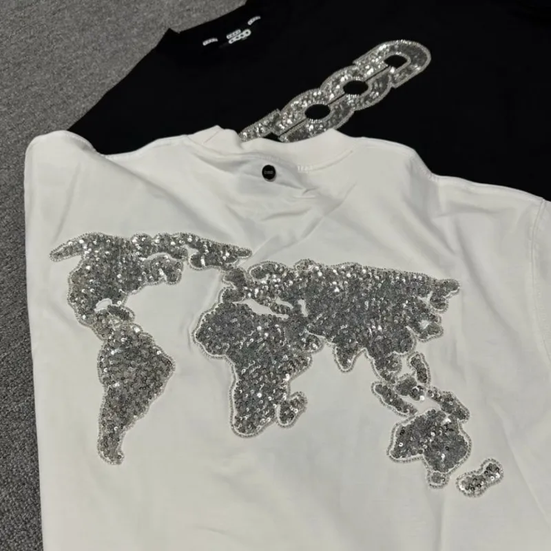 American Street GOODBRAND Tshirts Silver Glitter Earth Pattern Basic Letter Logo White Black Men Women Short Sleeve Casual Tops
