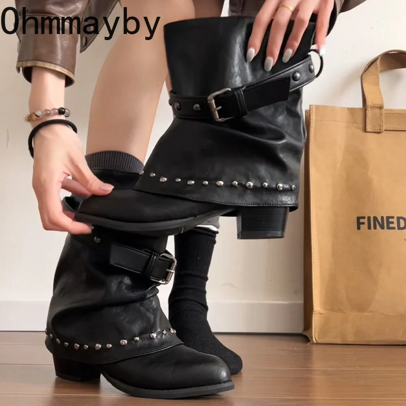 Rivet Buckle Women Mid Calf Boots Round Toe Pants Tube Leather Boots Autumn Winter Vintage Ladies Slip On Western Cowboy Boots