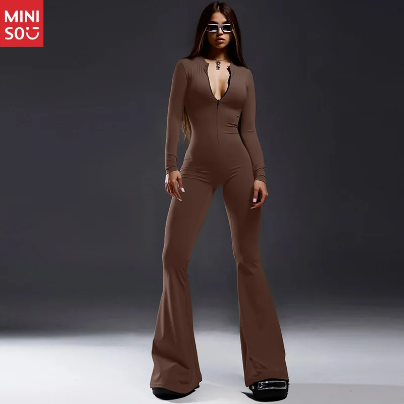 

Женский весенний молочный шелковый комбинезон Miniso 2025 г. | Простой однотонный цвет и молния спереди | Утягивающий облегающий костюм с расклешенными брюками