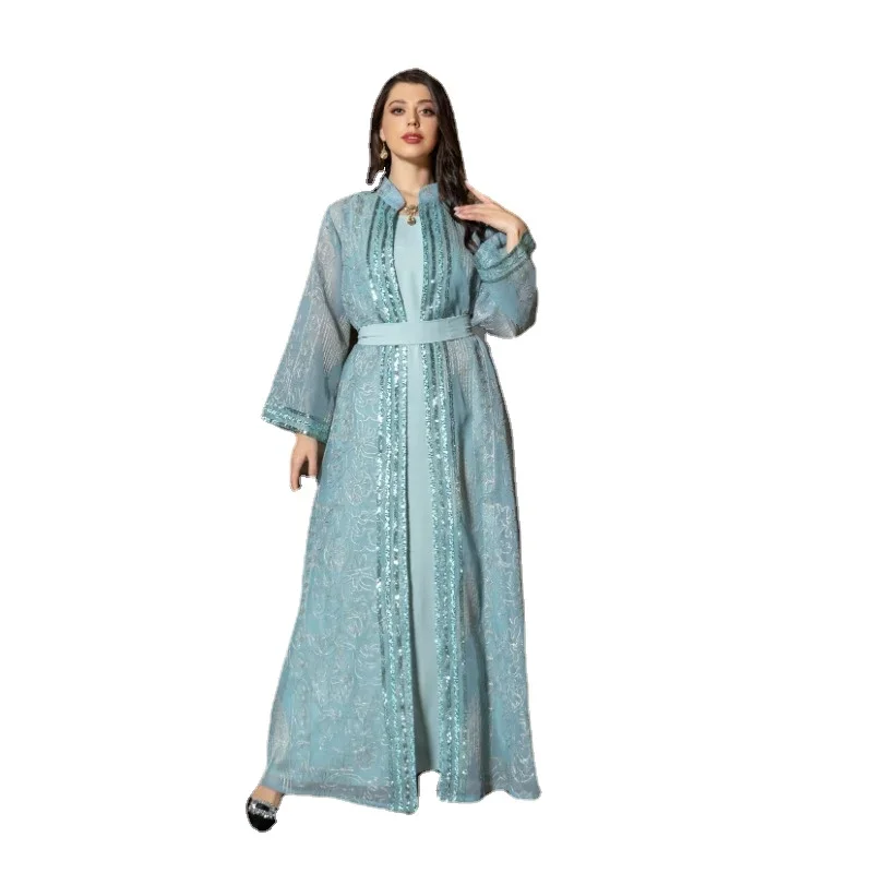 Chiffon Open Embroidery Abaya Set 3 Piece Arabic Evening Muslim Turkey Dubai Luxury Kaftan Middle Eastern Green Dress Women