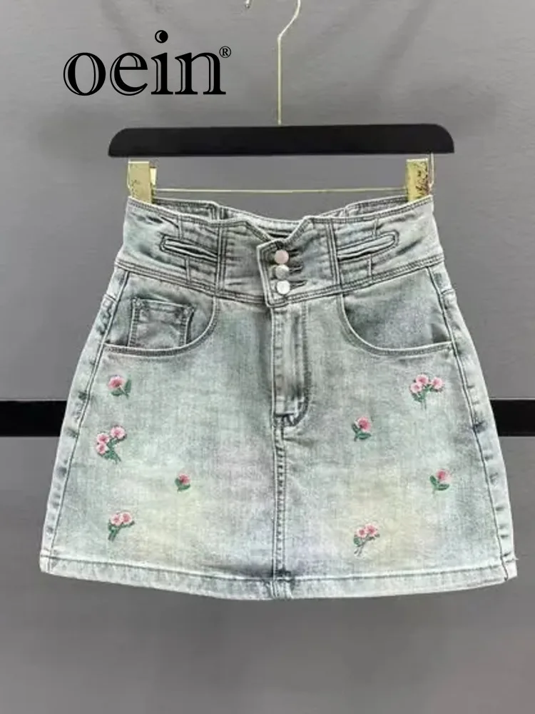 

[oein] Industry Flower Embroidered Cowboy Half Length Skirt For Women 2024 Summer New High Waist, Slim And Spicy Girl A-line Hip