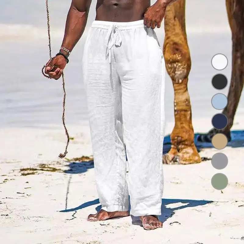 

Men's Summer Casual Cotton Linen Loose Fit Straight Leg Sports Pants Breathable Comfortable High Waist Trousers