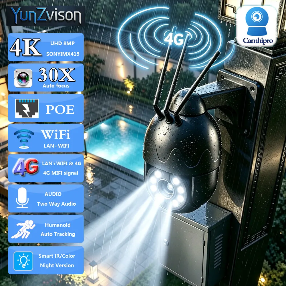 4K 8MP Security PTZ Dome POE&Wifi &3G 4G SIM Surveillance IP Camera Two Way Audio Humanoid Tracking IR 100M&Color LED