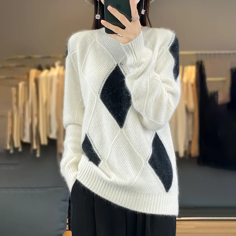 

Rhombus Color Block Pure Wool Knitted Sweater for Women, Round Neck Loose Pullover Base Sweater, Autumn Winter Loose Top