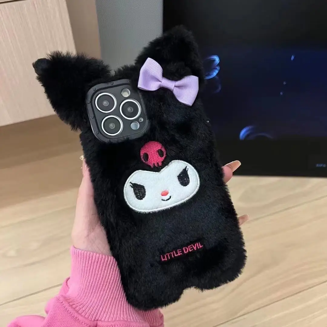 

Sanrio Case Kawaii Kuromi Winter Plush Embroidery Cartoon Animation Iphone 14Promax/13/12 Case Female Flap Support Mirror