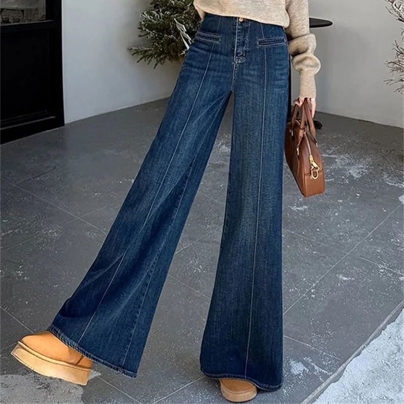 

American Lady Fashion High Waist Non Stick Leg Jeans Female Casual Wide-leg Denim Pantalons Autumn Women Trumpet Cowboy Trousers
