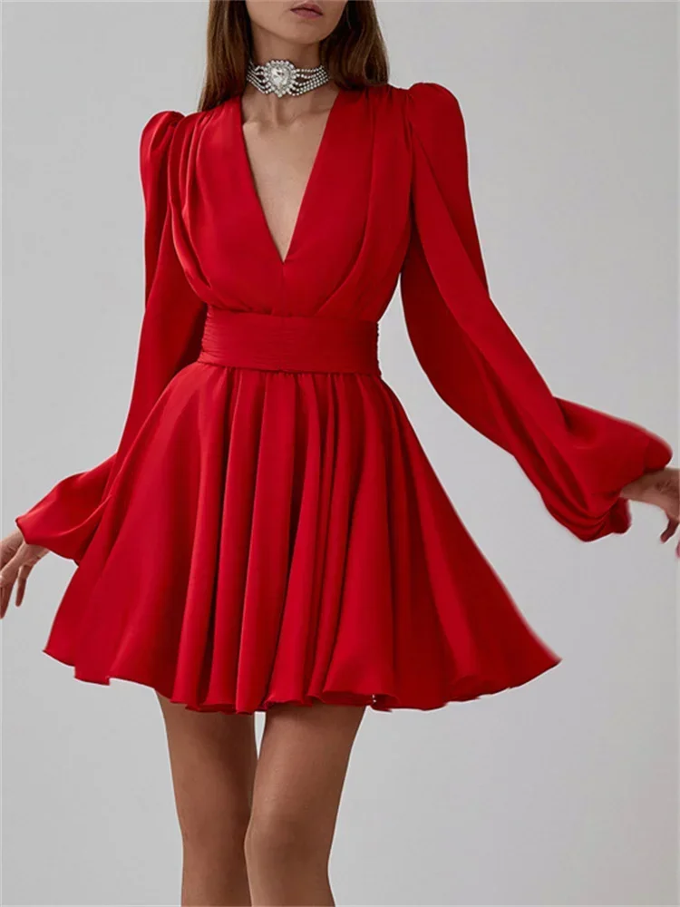 

V-Neck Fashion Elegant MIni Dress For Women Satin Bandage High Waist Commute Slim Party Dress Female Lace-Up Spring Dress