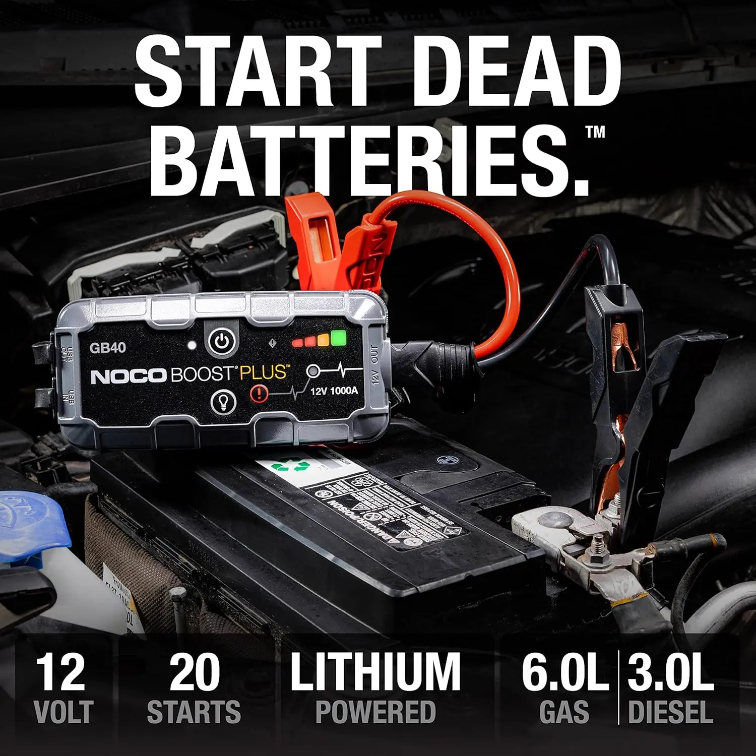 Boost Plus GB40 1000A UltraSafe Car Battery Jump Starter,Jump Box, Portable Charger and Jumper CablesDiesel Engines