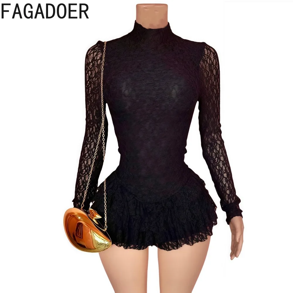 FAGADOER Sexy Lace Ruffle Patchwork Bodycon Romper Woman See Through Long Sleeves One Piece Jumpsuits Female Nightclub Overalls - Image 5