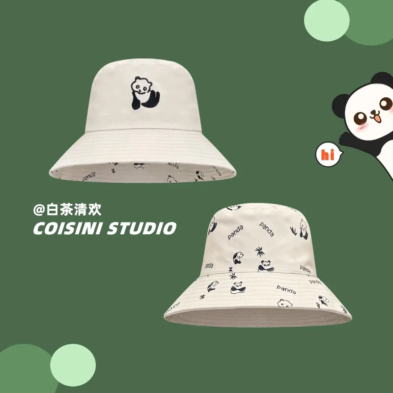 

Japanese Cute Panda Embroidery Outdoor Double-sided Wearing Bucket Hat Men and Women Spring and Summer Sunshade Panama Bob Cap