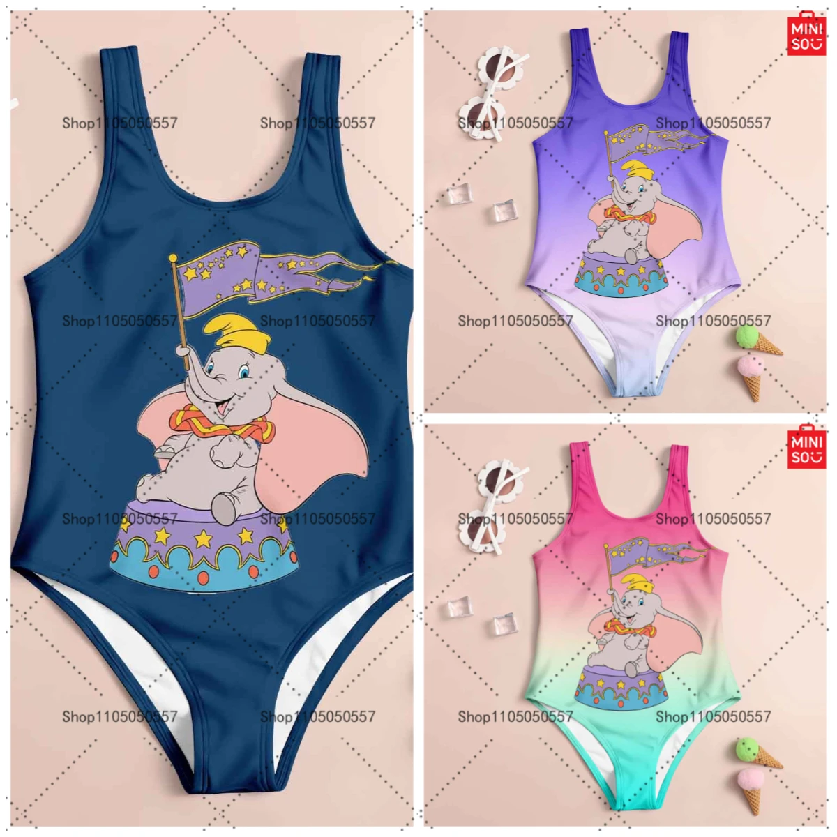 

Children's one-piece swimsuit, cute Dumbo Danwave pattern, multiple colors, perfect for beach and swimming pool fun