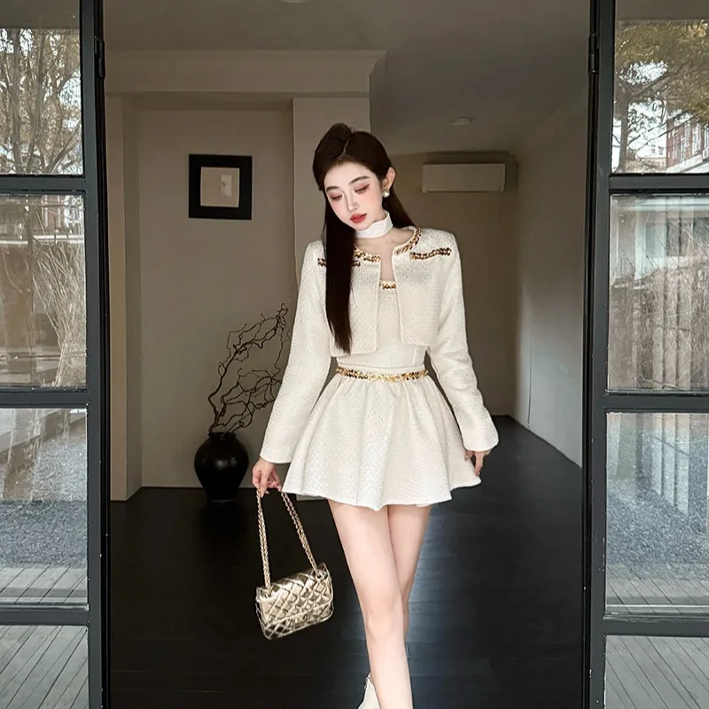 Abito gonna abito donna autunno giacca a maniche lunghe cappotto + canotta + minigonne set di vestiti eleganti da donna da ufficio in tre pezzi