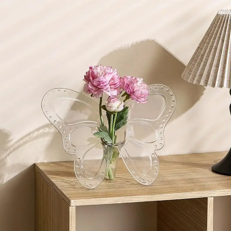 Ins Style Butterfly Shaped Clear Vase Plastic Frame Vase Water Plant Flower Vase Decoration Home Living Room Desktop Ornament