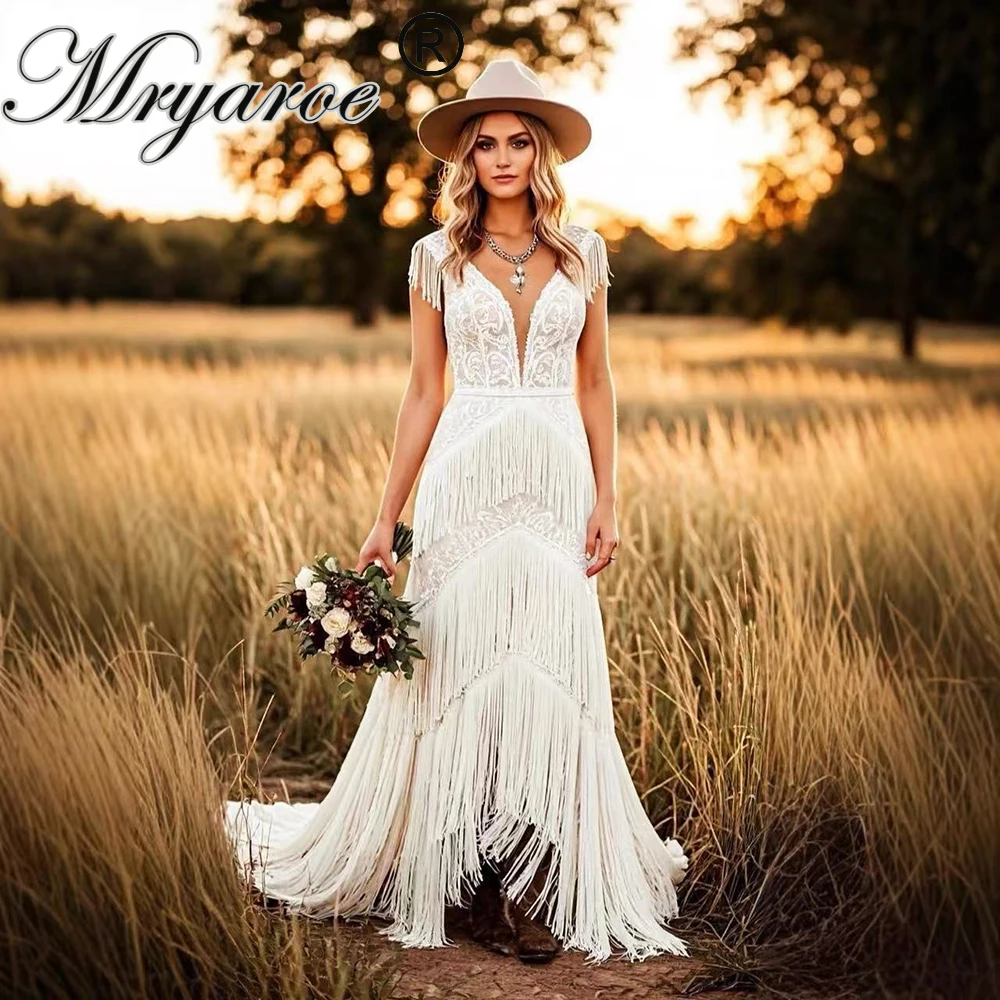 Mryarce Vintage Lace A Line High Low Bohemian Wedding Dress With Tassels