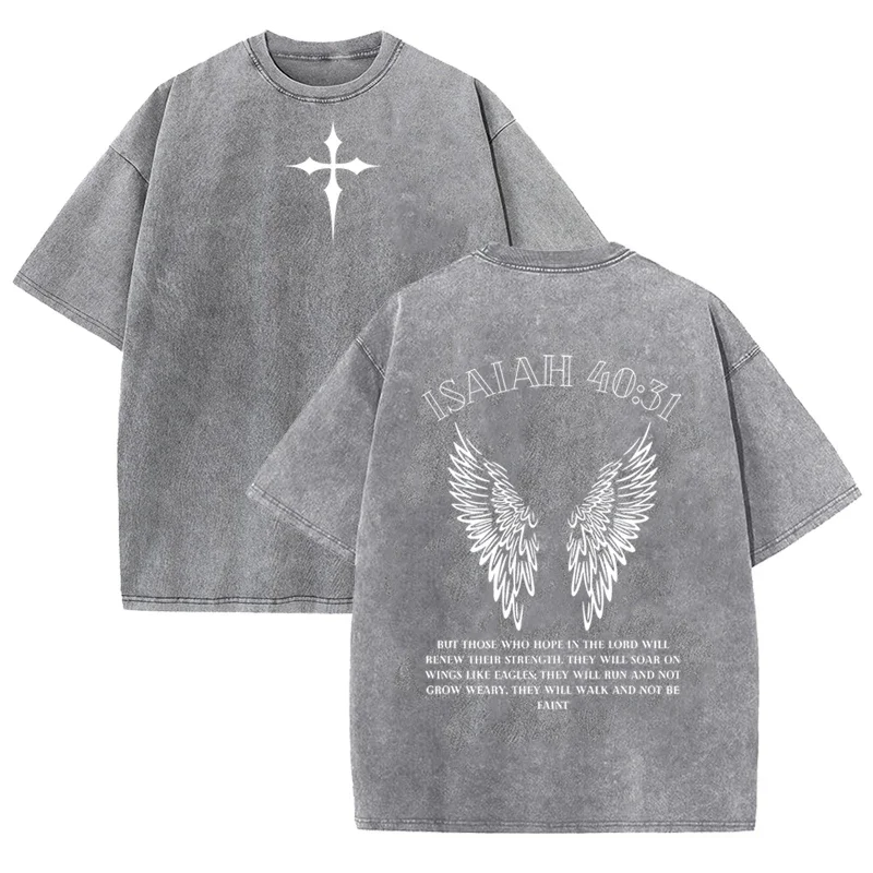 Bibelvers Jesaja 40:31 Aufdruck Vintage Washed Grey Christliches Grafik-T-Shirt