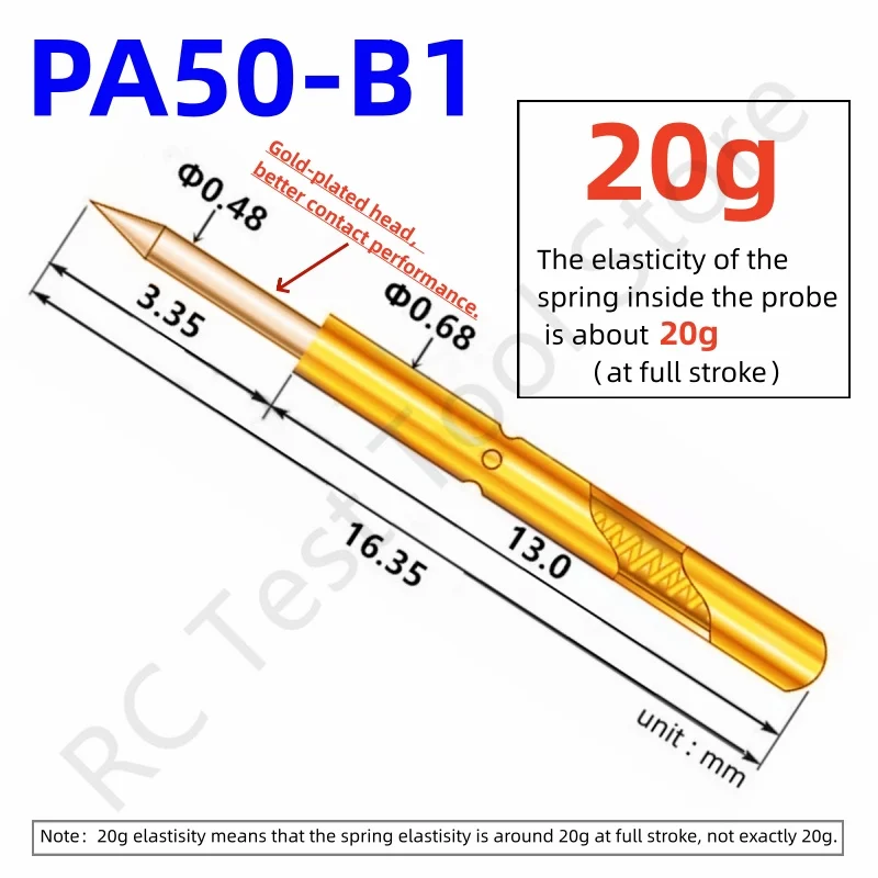 

20/100PCS PA50-B1 20g Spring Test Probe Test Pin Pogo Pin P50-B1 P50-B PCB Test Tool 0.48/0.68/16.35mm Gold Needle Sharp Tip